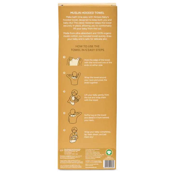 Nintara Baby Hooded Towel  -  100% Organic Premium Muslin Cotton, 30" x 30" (76 cm x 76 cm), Ultra - Absorbent, Soft, Breathable, Hypoallergenic, Multipurpose, Gifts for Babies &amp; Infants - Butterscotch Stars