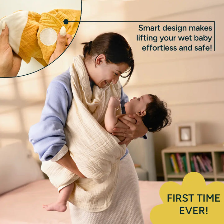 Nintara Baby Hooded Towel  -  100% Organic Premium Muslin Cotton, 30" x 30" (76 cm x 76 cm), Ultra - Absorbent, Soft, Breathable, Hypoallergenic, Multipurpose, Gifts for Babies &amp; Infants - Butterscotch Stars