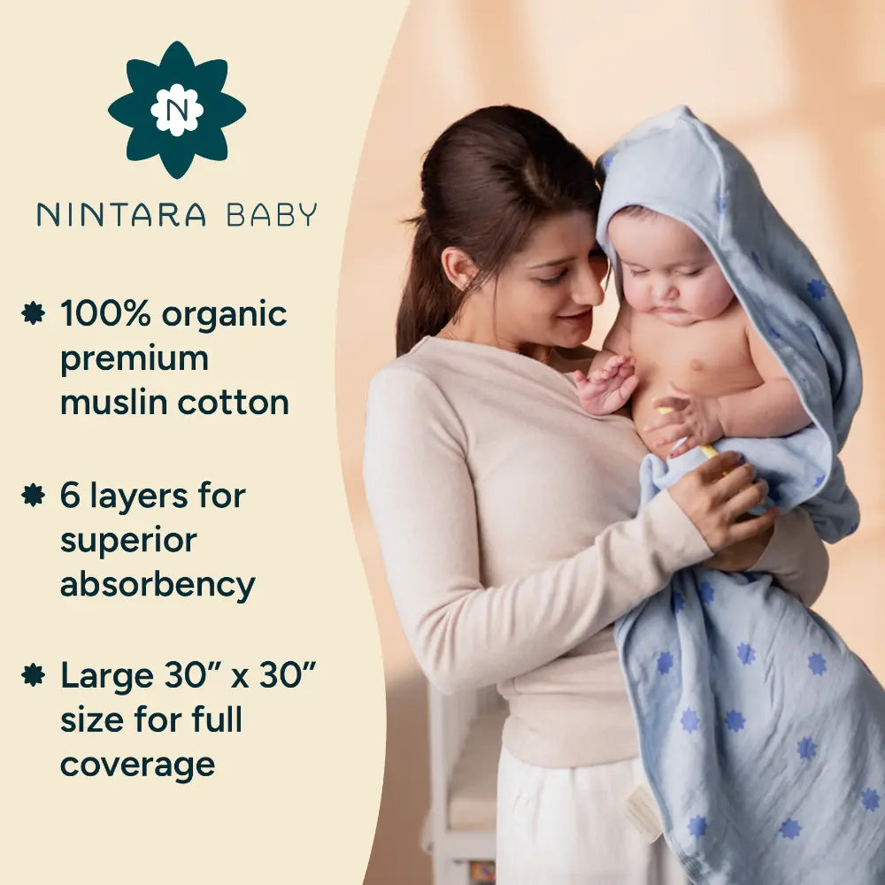 Nintara Baby Hooded Towel  -  100% Organic Premium Muslin Cotton, 30" x 30" (76 cm x 76 cm), Ultra - Absorbent, Soft, Breathable, Hypoallergenic, Multipurpose, Gifts for Babies &amp; Infants - Butterscotch Stars