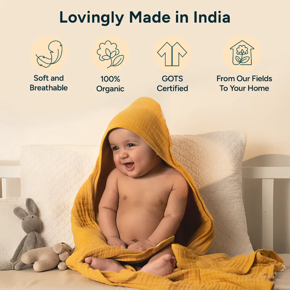 Nintara Baby Hooded Towel  -  100% Organic Premium Muslin Cotton, 30" x 30" (76 cm x 76 cm), Ultra - Absorbent, Soft, Breathable, Hypoallergenic, Multipurpose, Gifts for Babies &amp; Infants - Butterscotch Stars