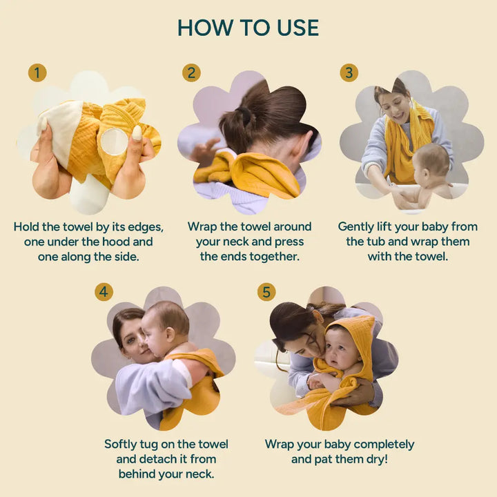 Nintara Baby Hooded Towel  -  100% Organic Premium Muslin Cotton, 30" x 30" (76 cm x 76 cm), Ultra - Absorbent, Soft, Breathable, Hypoallergenic, Multipurpose, Gifts for Babies &amp; Infants - Butterscotch Stars