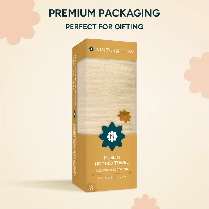 Nintara Baby Hooded Towel  -  100% Organic Premium Muslin Cotton, 30" x 30" (76 cm x 76 cm), Ultra - Absorbent, Soft, Breathable, Hypoallergenic, Multipurpose, Gifts for Babies &amp; Infants - Butterscotch Stars