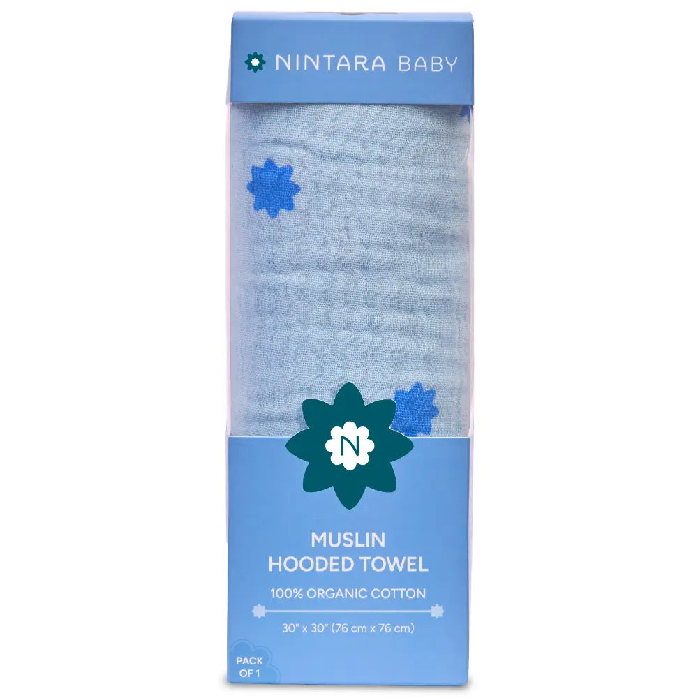 Nintara baby Hooded Towel - 100% Organic Premium Muslin Cotton, 30" x 30" (76 cm x 76 cm), Ultra - Absorbent, Soft, Breathable, Hypoallergenic, Multipurpose, Gifts for Babies &amp; Infants - Blue Stars