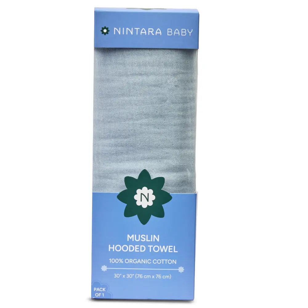 Nintara Baby Hooded Towel – 100% Organic Muslin Cotton, 30" x 30" | Blue