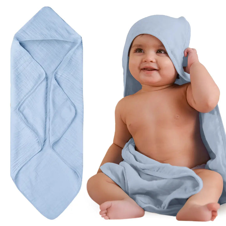 Nintara Baby Hooded Towel – 100% Organic Muslin Cotton, 30" x 30" | Blue