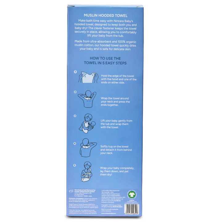 Nintara Baby Hooded Towel – 100% Organic Muslin Cotton, 30" x 30" | Blue