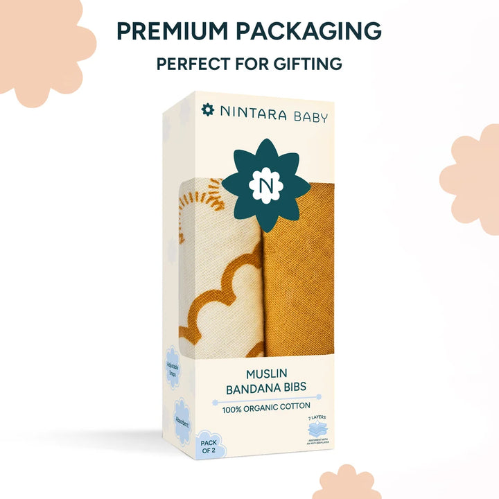 Nintara Baby Bandana Bibs – 100% Organic Muslin Cotton - Mustard