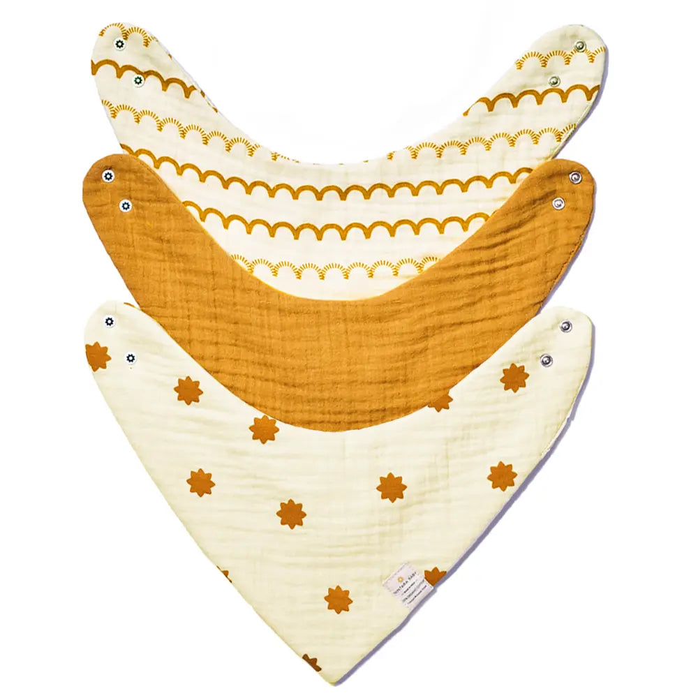 Nintara Baby Bandana Bibs – 100% Organic Muslin Cotton, 7 - Layer Absorbent for Drooling, Teething &amp; Feeding, Soft &amp; Hypoallergenic, Adjustable Snap Buttons, Reversible, Baby Gift Ages 0–3, Pack of 3 - Beige