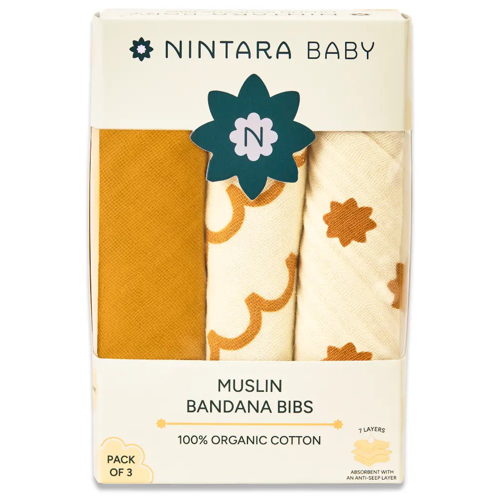 Nintara Baby Bandana Bibs – 100% Organic Muslin Cotton, 7 - Layer Absorbent for Drooling, Teething &amp; Feeding, Soft &amp; Hypoallergenic, Adjustable Snap Buttons, Reversible, Baby Gift Ages 0–3, Pack of 3 - Beige