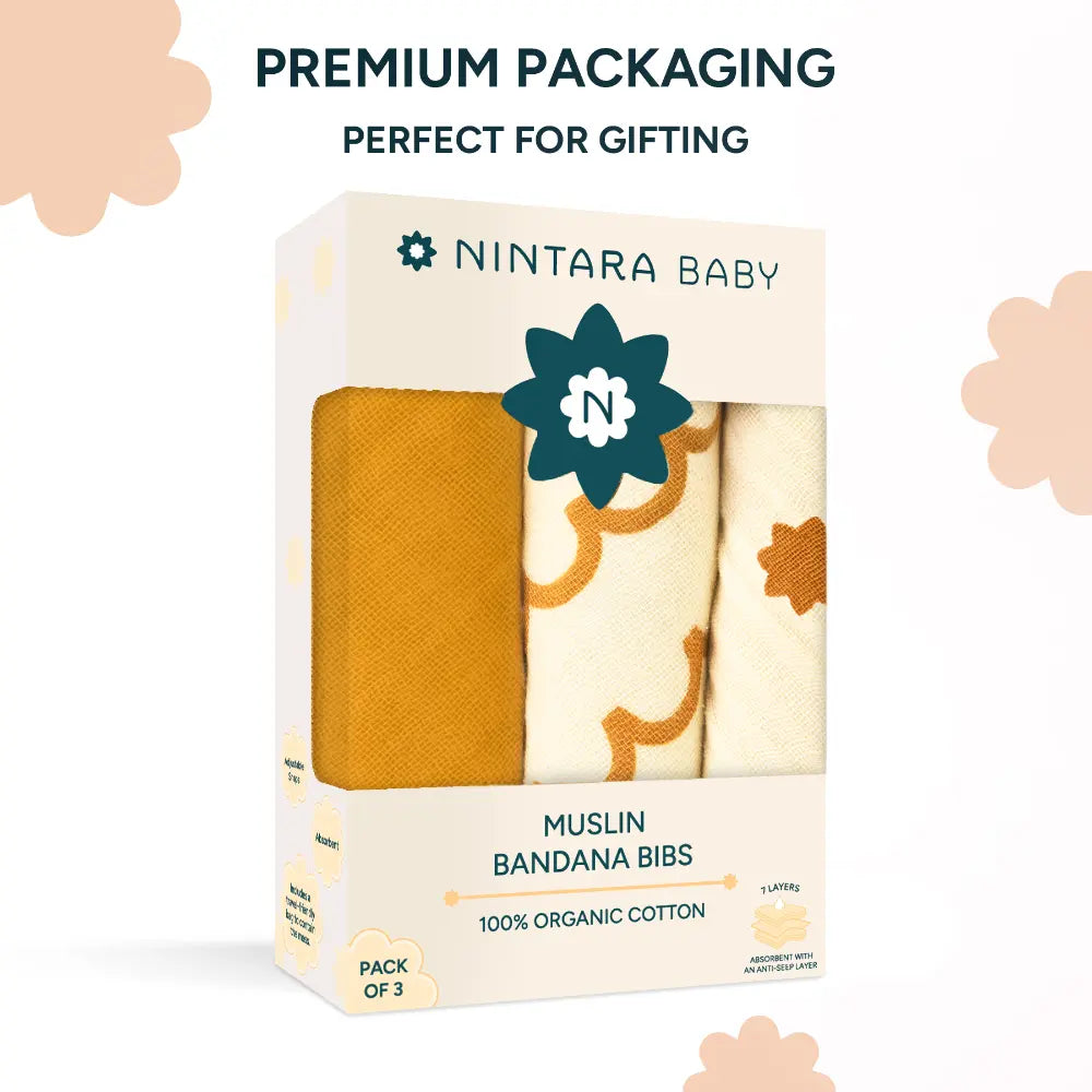 Nintara Baby Bandana Bibs – 100% Organic Muslin Cotton, 7 - Layer Absorbent for Drooling, Teething &amp; Feeding, Soft &amp; Hypoallergenic, Adjustable Snap Buttons, Reversible, Baby Gift Ages 0–3, Pack of 3 - Beige