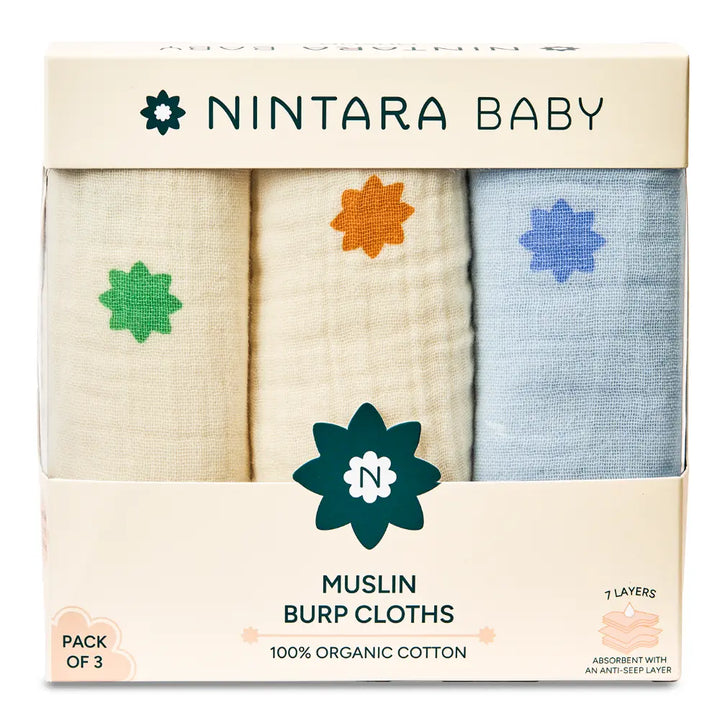 Nintara Baby Burp Cloths  -  100% Organic Premium Muslin Cotton - Stars