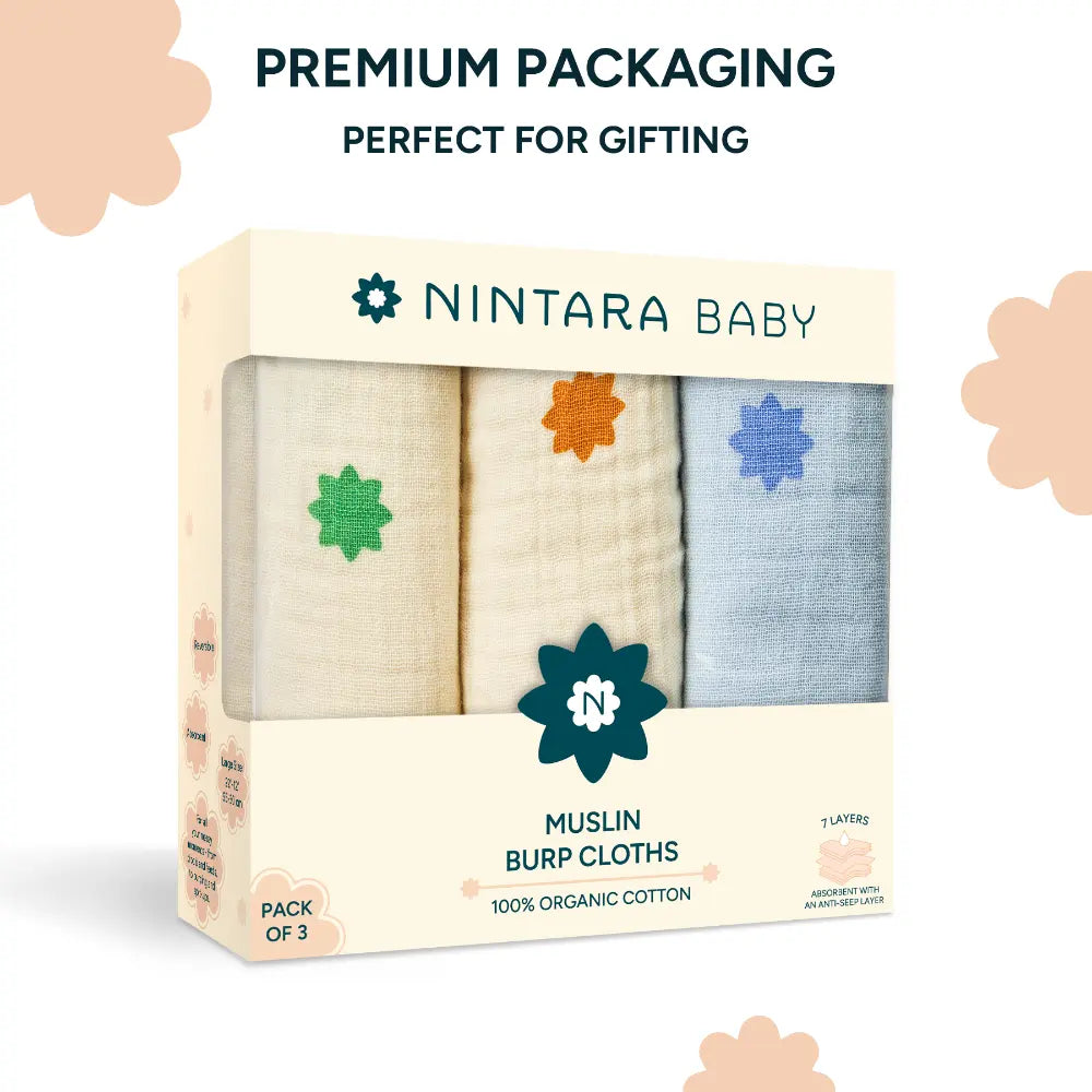 Nintara Baby Burp Cloths  -  100% Organic Premium Muslin Cotton - Stars