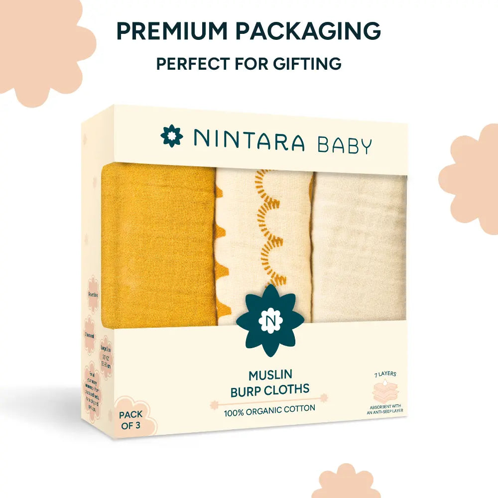 Nintara Baby Burp Cloths – 100% Organic Muslin Cotton - Beige