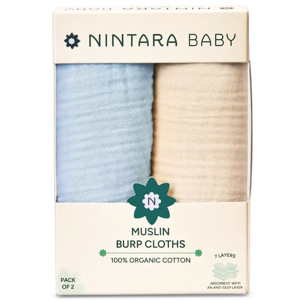 Nintara Baby Burp Cloths – 100% Organic Muslin Cotton, Pack of 2 - Blue + Beige