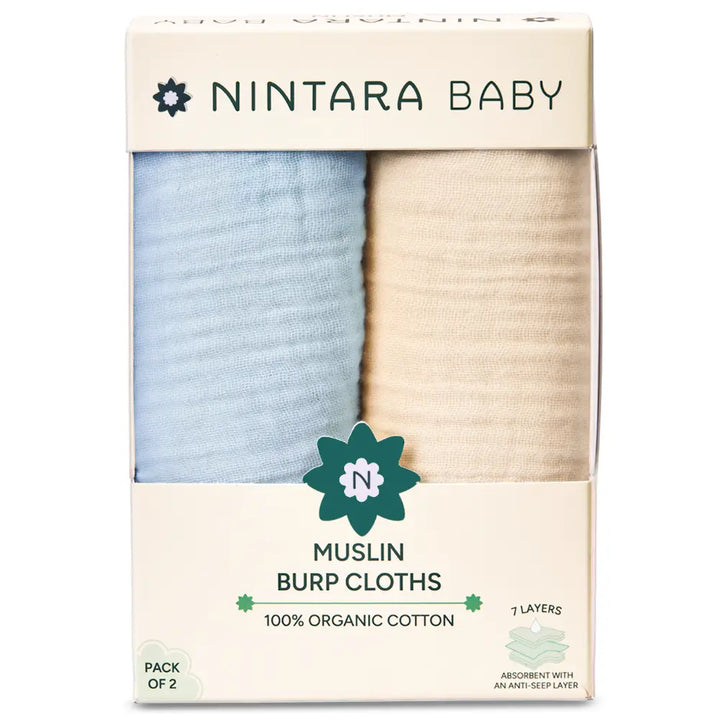 Nintara Baby Burp Cloths – 100% Organic Muslin Cotton, Pack of 2 - Blue + Beige
