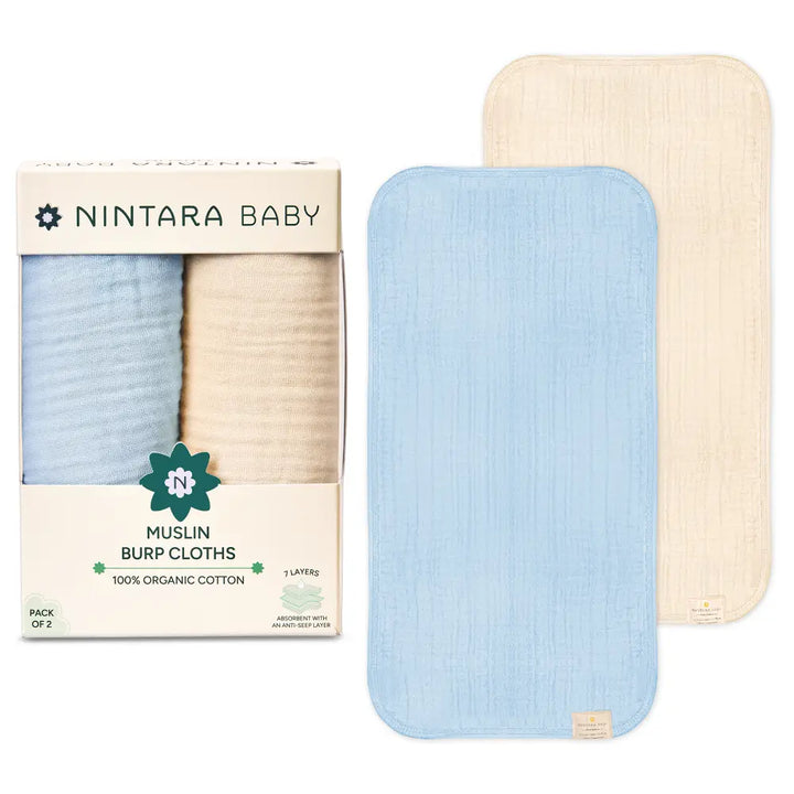Nintara Baby Burp Cloths – 100% Organic Muslin Cotton, Pack of 2 - Blue + Beige