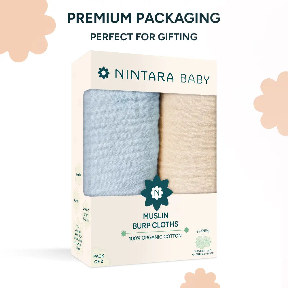Nintara Baby Burp Cloths – 100% Organic Muslin Cotton, Pack of 2 - Blue + Beige
