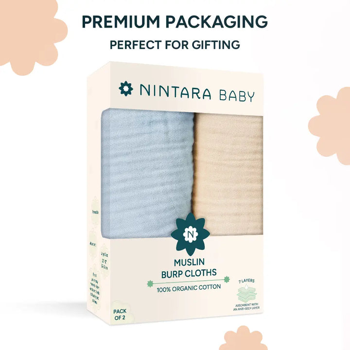 Nintara Baby Burp Cloths – 100% Organic Muslin Cotton, Pack of 2 - Blue + Beige