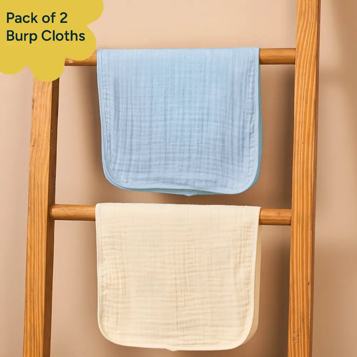 Nintara Baby Burp Cloths – 100% Organic Muslin Cotton, Pack of 2 - Blue + Beige