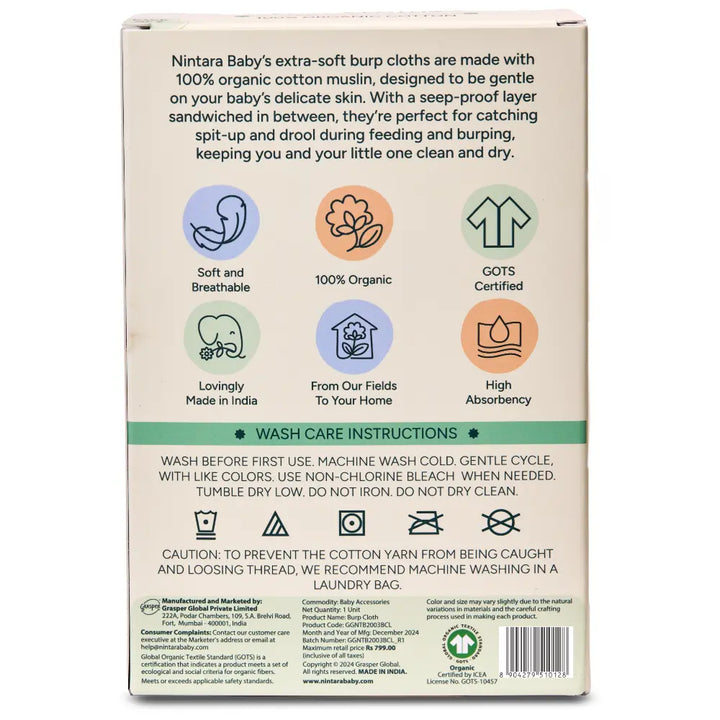 Nintara Baby Burp Cloths – 100% Organic Muslin Cotton, Pack of 2 - Blue + Beige