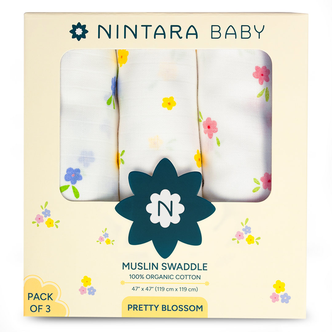 Nintara Baby Extra-Large Swaddles - 100% Organic Premium Muslin Cotton, 47" x 47" (119 cm x 119 cm), Ultra-Soft, Breathable &amp; Lightweight, Hypoallergenic, Gifts for Newborn Girls, Pack of 4 - Flower Power