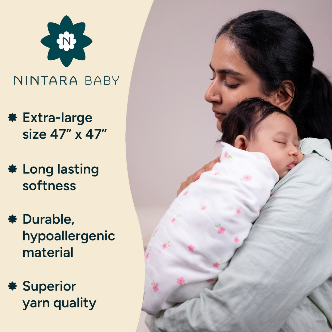 Nintara Baby Extra-Large Swaddles - 100% Organic Premium Muslin Cotton, 47" x 47" (119 cm x 119 cm), Ultra-Soft, Breathable &amp; Lightweight, Hypoallergenic, Gifts for Newborn Girls, Pack of 4 - Flower Power