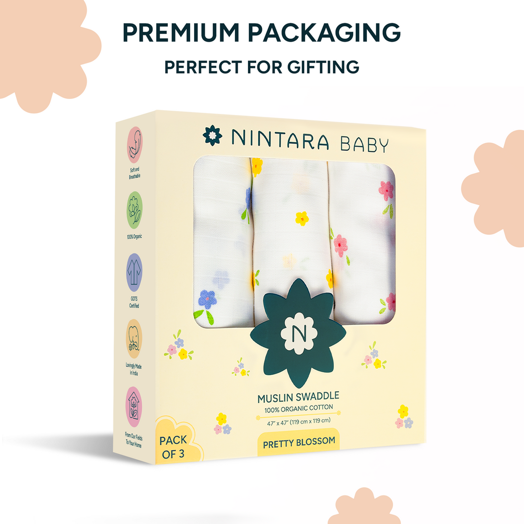 Nintara Baby Extra-Large Swaddles - 100% Organic Premium Muslin Cotton, 47" x 47" (119 cm x 119 cm), Ultra-Soft, Breathable &amp; Lightweight, Hypoallergenic, Gifts for Newborn Girls, Pack of 4 - Flower Power