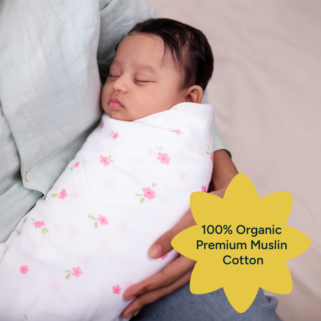 Nintara Baby Extra-Large Swaddles - 100% Organic Premium Muslin Cotton, 47" x 47" (119 cm x 119 cm), Ultra-Soft, Breathable &amp; Lightweight, Hypoallergenic, Gifts for Newborn Girls, Pack of 4 - Flower Power