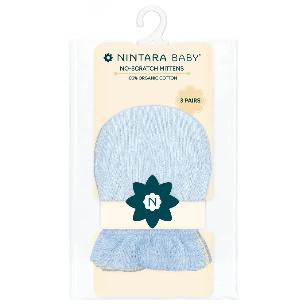 Nintara Baby Mittens for Newborns – 100% Organic Cotton, Ages 0-6 Months - Baby Blue + Warm White