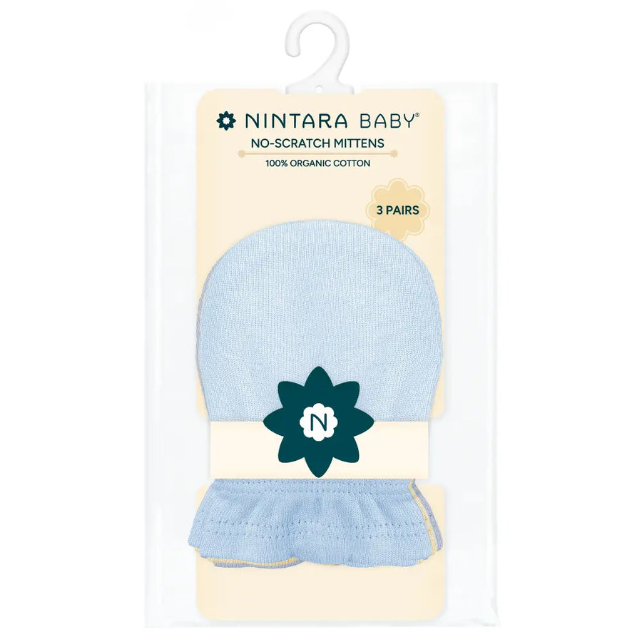 Nintara Baby Mittens for Newborns – 100% Organic Cotton, Ages 0-6 Months - Baby Blue + Warm White