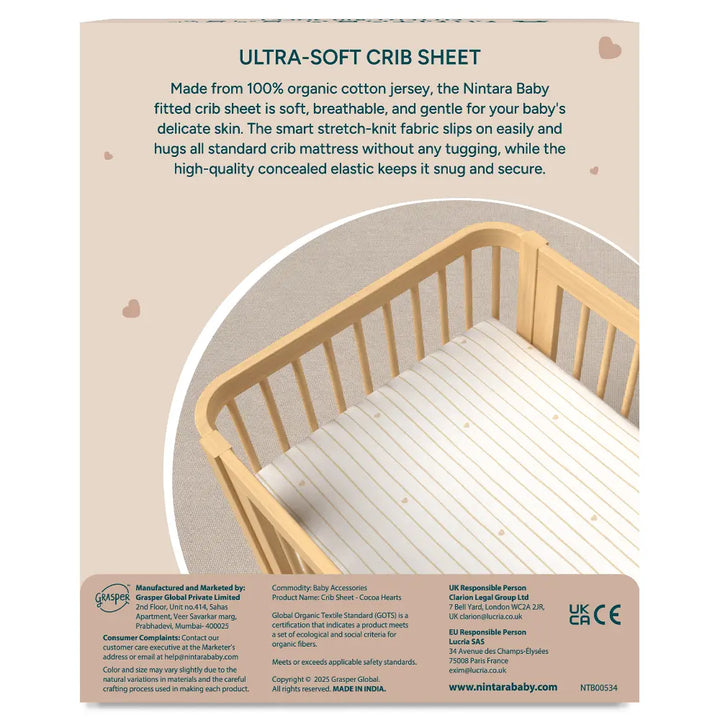 Nintara Baby Fitted Crib Sheet – 100% Organic Cotton Jersey, 52 x 28 Inches - Cocoa Hearts