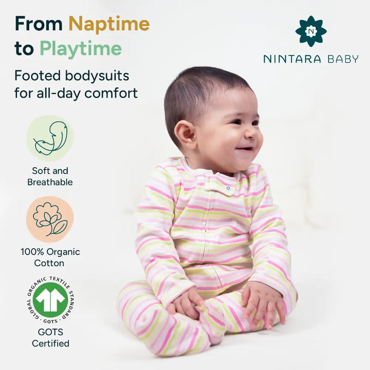 Nintara Baby Unisex Footed Bodysuit – 100% Organic Cotton Zip-Up Sleeper - Candy Stripes