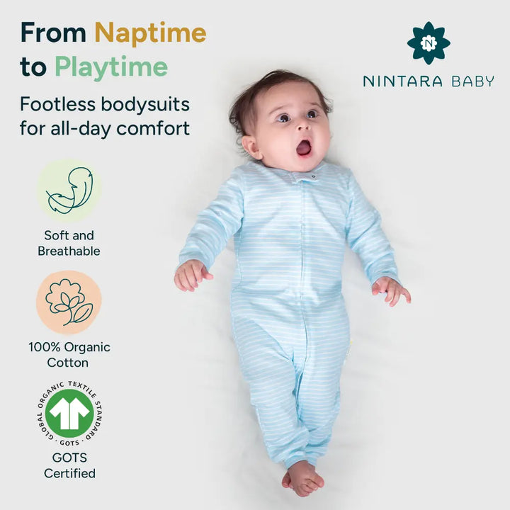 Nintara Baby Footless Bodysuit – 100% Organic Cotton Zip-Up Sleeper - Blue Stripes
