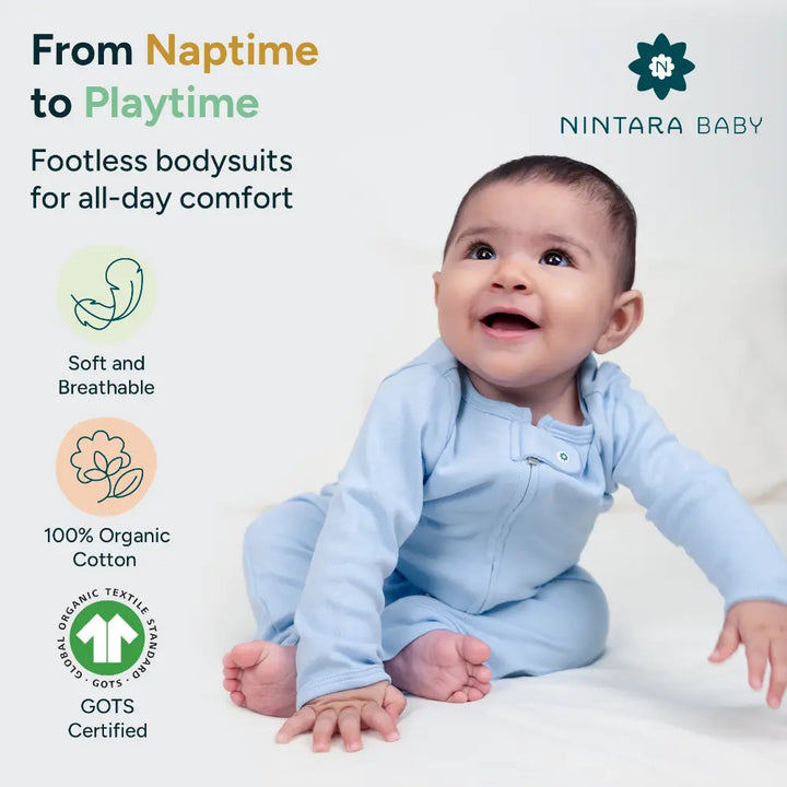 Nintara Baby Footless Bodysuit – 100% Organic Cotton Zip-Up Sleeper - Solid Blue