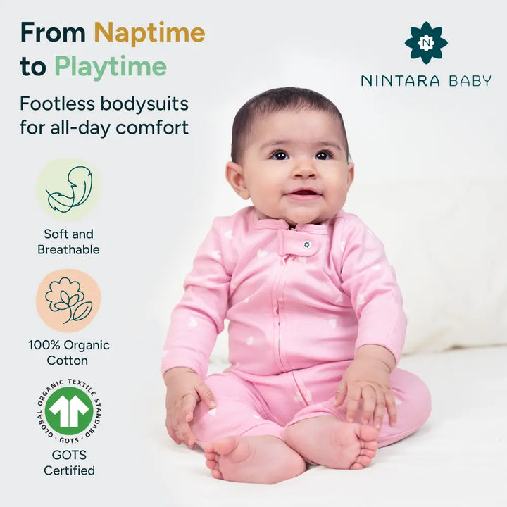 Nintara Baby Zip-Up Footless Bodysuit – 100% Organic Cotton - Little Hearts