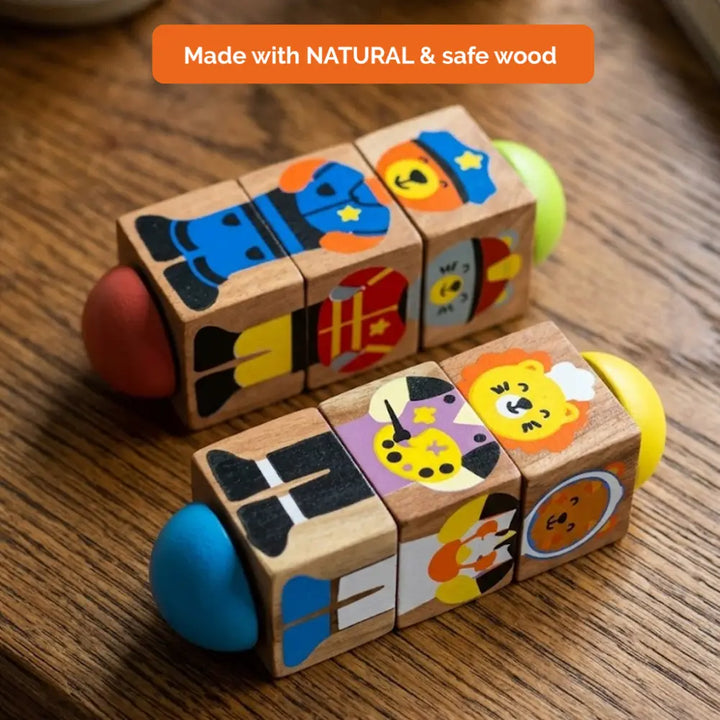 Shumee Wooden Professions Rotating Flipping Blocks Toy – Interactive Mix &amp; Match Community Helpers Puzzle for Toddlers (1 to 3 Years)