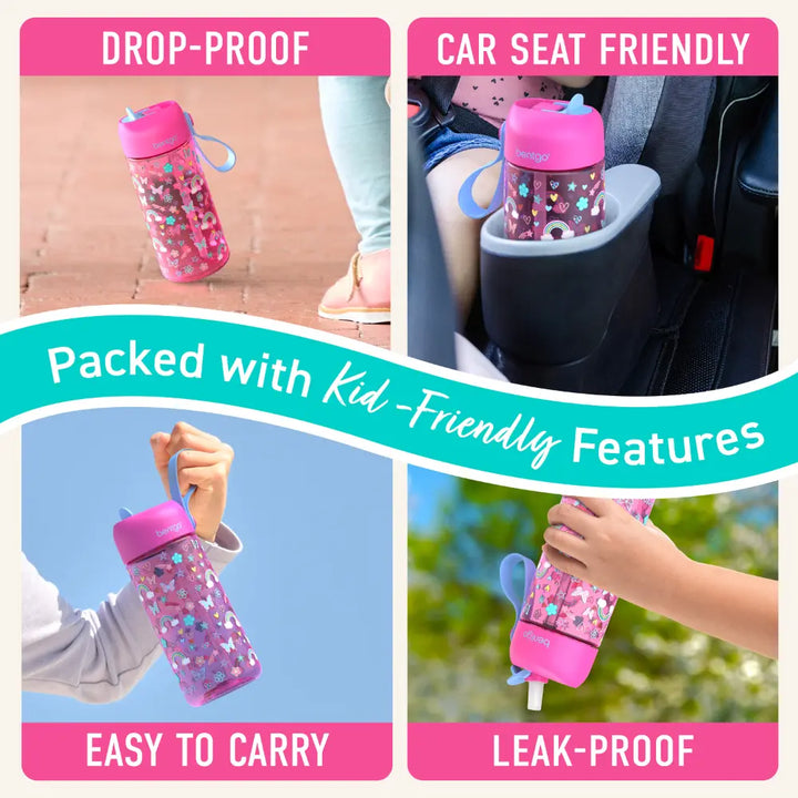 Bentgo Kids Water Bottle 450 ml, Leak-Proof Straw Bottle for Kids, Lightweighted &amp; Durable, BPA &amp; PFAS-Free Tritan Water Bottle, Ideal for School, Daycare &amp; Travel, 3 years+ - Rainbow and Butterflies