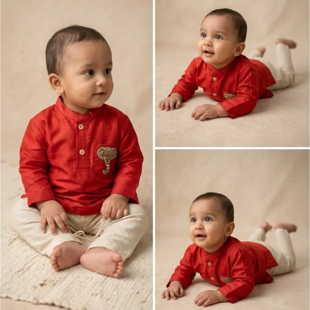 PureCloth.Co Royal Elephant | Boys Silk Kurta Pyjama Red