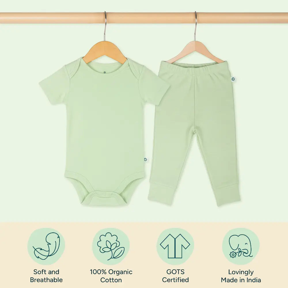 Nintara Baby 100% Cotton Unisex Bodysuit &amp; Pant Set – Soft Sage