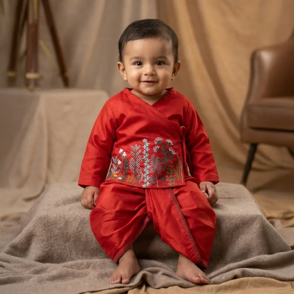 PureCloth.Co Jamna Set | Boys Chanderi Silk Red