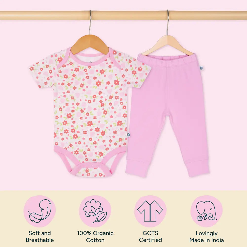 Nintara Baby 100% Unisex Cotton Bodysuit &amp; Pant Set – Flower Shower