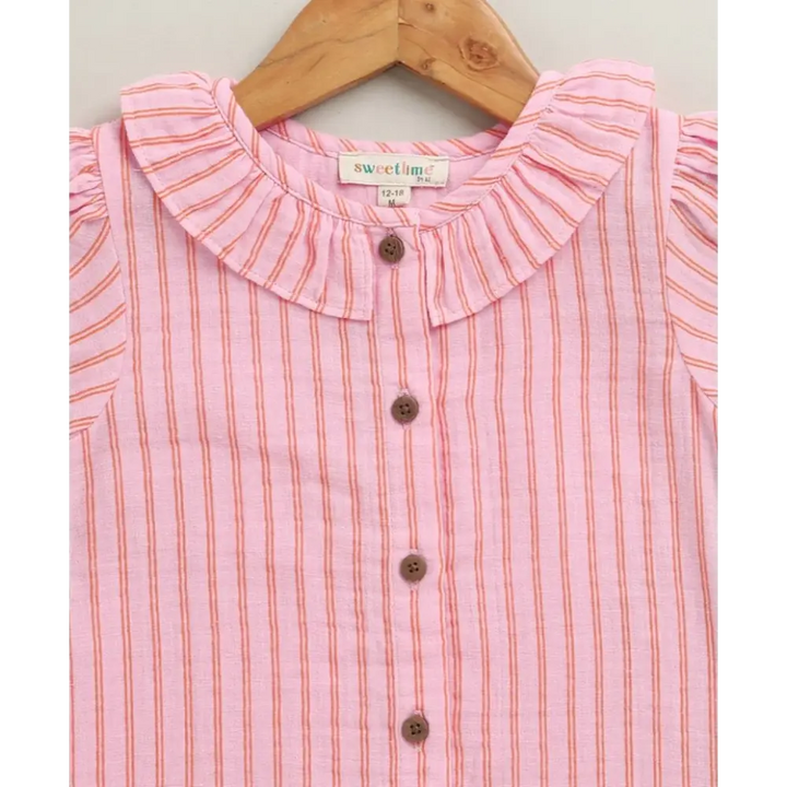 Sweetlime By As Baby Girls Candy Stripe Organic Cotton Co-ord Set with a Hat - Pink