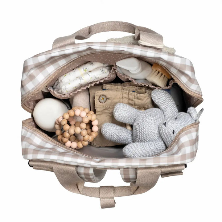 Walking Mum Diaper Backpack with Changing Pad, Large Capacity, Water-Resistant with Multi-Pocket Organizer, Insulated Bottle Pocket, Shoulder &amp; Stroller Straps, Personalized Charm, Checkered Print - Sand