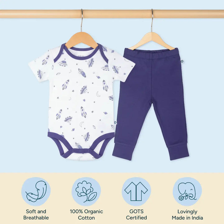Nintara Baby 100% Cotton Unisex Bodysuit &amp; Pant Set – Up in space (Pack of 1)