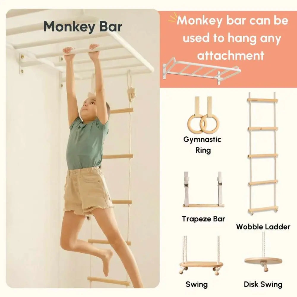Curious Cub Space Saver Jungle Gym 3 | 6 Components - Wooden Ladder | Rock Climbing | Wobble Ladder | Monkey Bar | Gymnastics Ring | Disk Swing | Ages 4-15 Years
