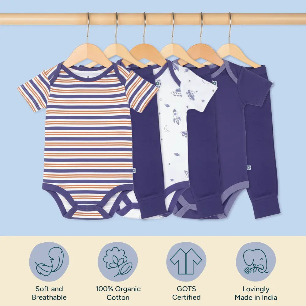 Nintara Baby 100% Cotton Unisex Bodysuit &amp; Pant Set – Up in Space (Pack of 3)