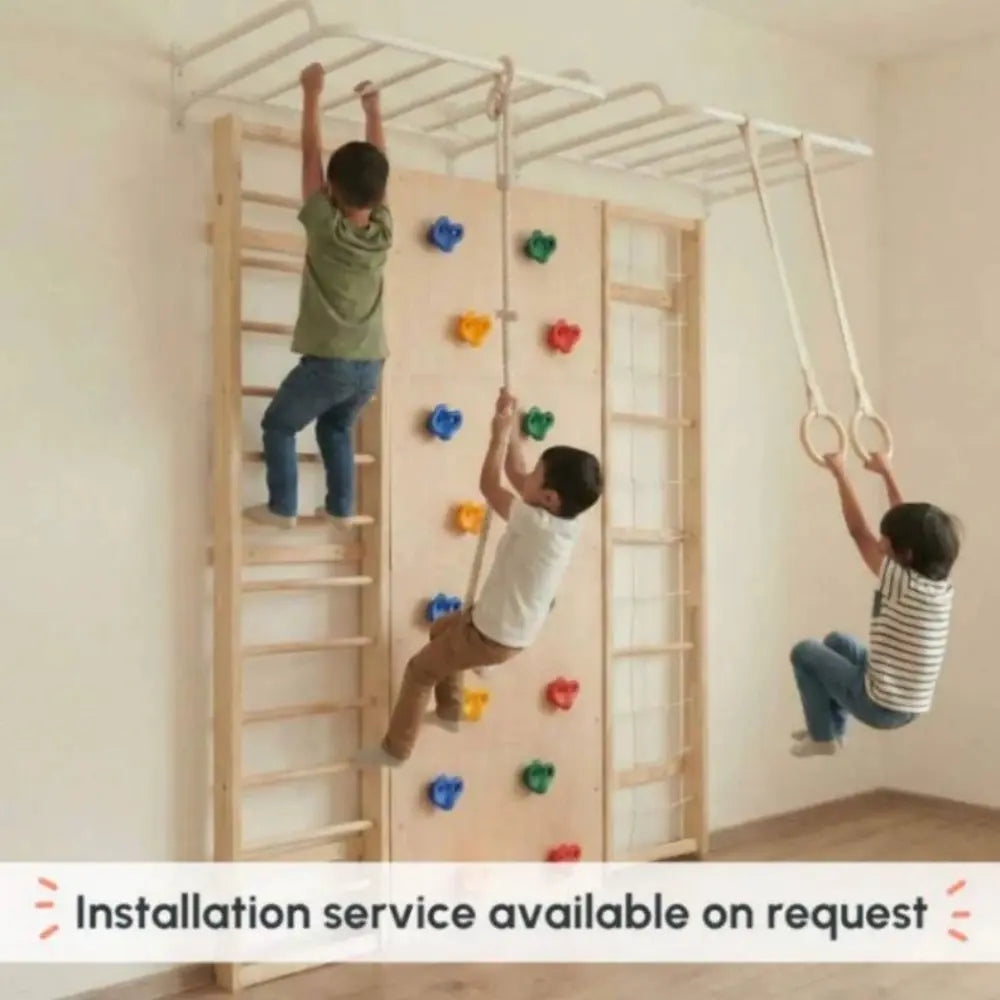 Curious Cub Ultimate Jungle Gym 4 | 7 Components - Wooden Ladder | Rope Ladder | Gymnastic Rings | Disk Swing | Trapeze Bar | Monkey Bars | Rock Climbing | Ages 4-15 Years