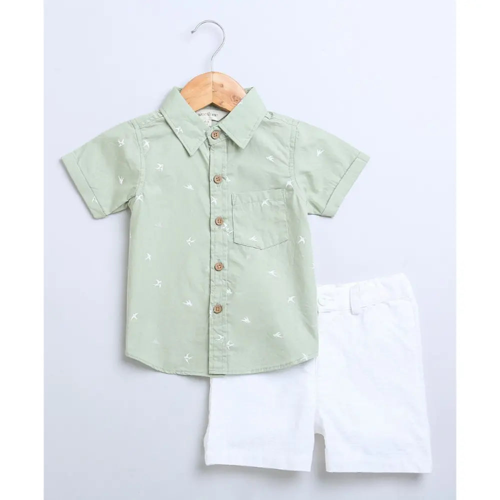 Sweetlime By AS Bird Print Cotton Poplin Boys Shirt &amp; Cotton Slub Shorts - Green &amp; White