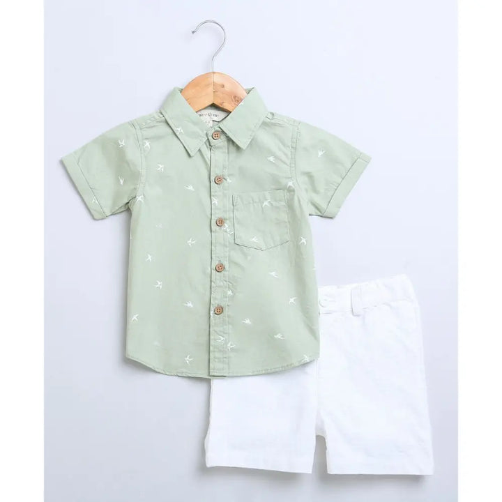 Sweetlime By AS Bird Print Cotton Poplin Boys Shirt &amp; Cotton Slub Shorts - Green &amp; White