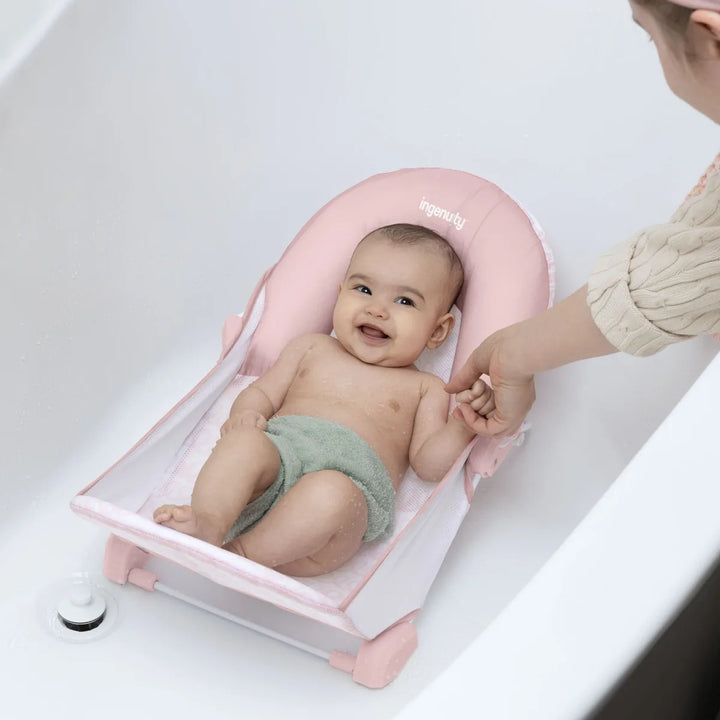 Ingenuity FoldAway 2-Position Baby Bath Bather with Mesh Sling &amp; Headrest, 0–6 Months /  Upto 9 kgs - Pink
